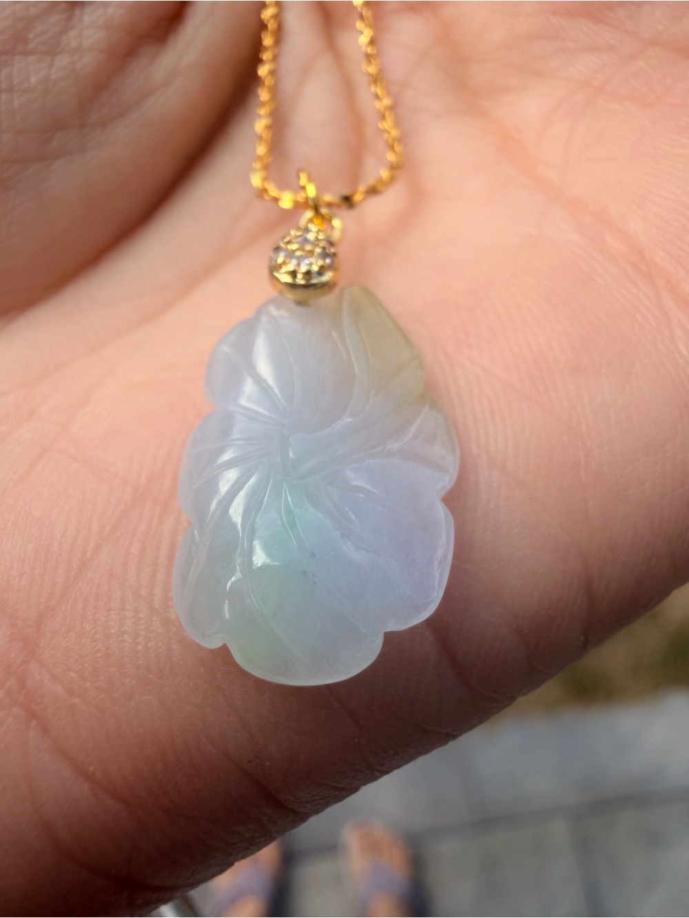 Carved Lavender-Green Jade Flower Pendant Necklace - Gold Bail